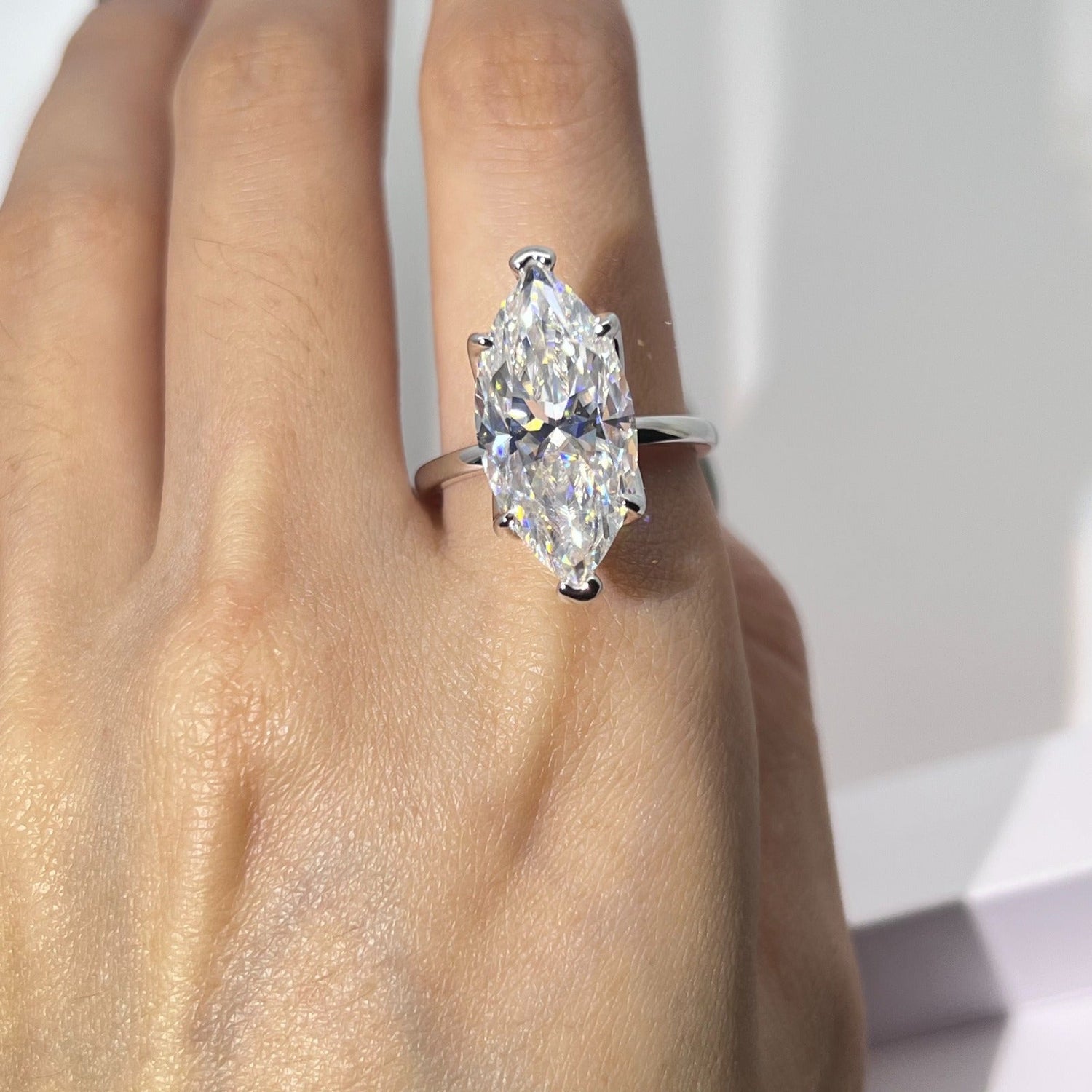 Vespera marquise-cut moissanite ring worn on hand