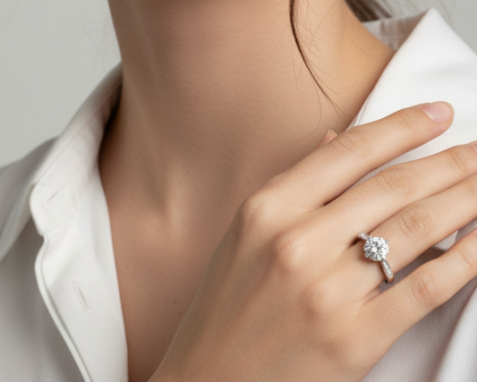 Fiore pavé solitärring med rund moissanite från LunNoire