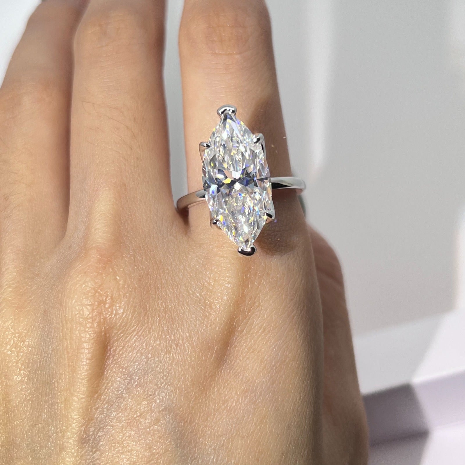 Vespera marquise-cut moissanite ring worn on hand